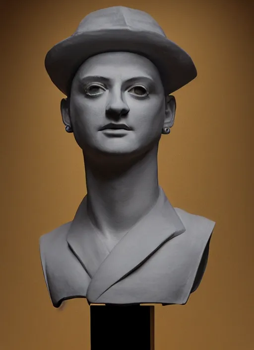 Prompt: stylised bust sculpture of Boy george, beautiful studio lighting