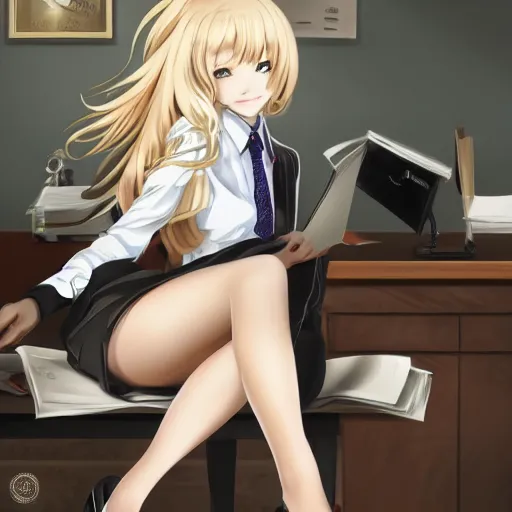 Prompt: blonde anime girl with long hair, wearing headmistress uniform, sophisticated young woman, pantyhose, authority, examining papers, ornate designs on desk, sharp details, subsurface scattering, intricate details, art by artgerm, anime, anime hd wallpaper, 2 0 1 9 anime screenshot