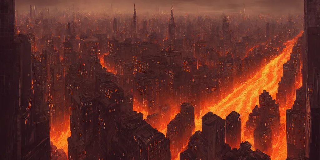 Image similar to manhattan city streets flooded with lava, view at street level, city at night, in the style of disco elysium, j. c. leyendecker, greg rutkowski, artem