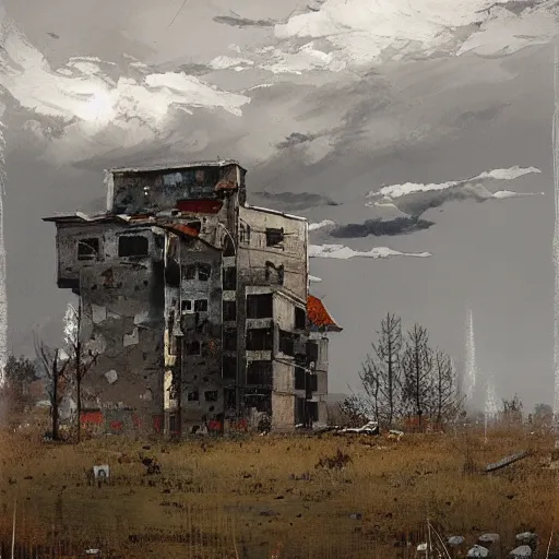 Prompt: painting by jakub rozalski of post abandoned soviet city