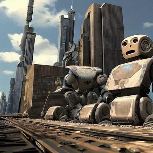 Prompt: robots as giant building, move on tank tracks, sci fi, style of The Fifth Element