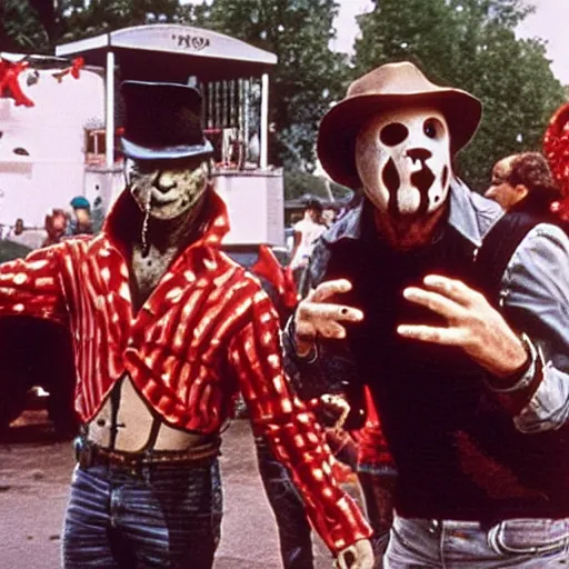 Image similar to Freddy Kruger and Jason voorhees together having fun at a carnival, campy photo