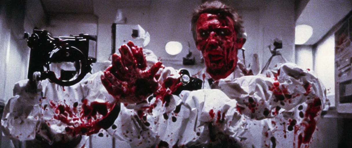 Image similar to filmic extreme wide shot dutch angle movie still 35mm film color photograph of a doctor operating on a soccer ball, blood splattering, in the style of The Thing 1982 horror film