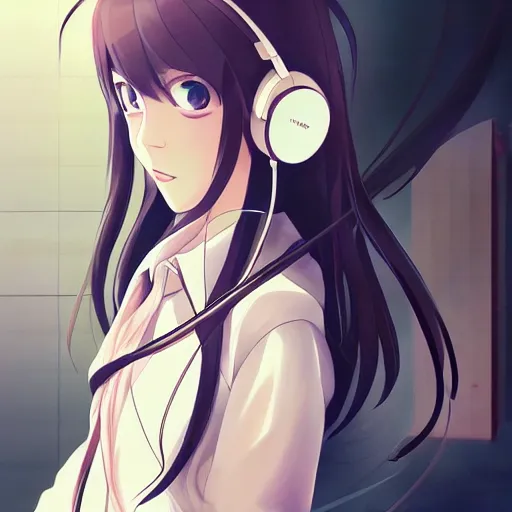 Prompt: portrait of girl listening to music on earphone, anime fantasy illustration by tomoyuki yamasaki, kyoto studio, madhouse, ufotable, trending on artstation