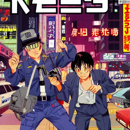 Prompt: 1993 Magazine Cover, Anime Neo-tokyo 4 bank robbers fleeing the scene with bags of money, Police Shootout, MP5S, Highly Detailed, 8k :4 by Katsuhiro Otomo : 8