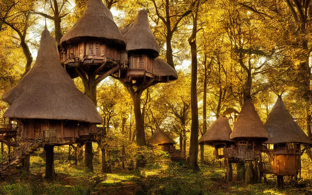 Prompt: a group of medieval style tree houses with thatched roofs, nestled in a forest, golden hour, autumn leaves, realistic high quality art digital art