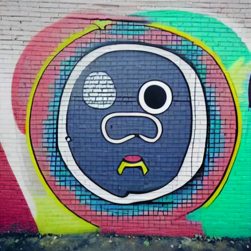 Image similar to wall with graffiti of man with one eye made with colored circles and lines