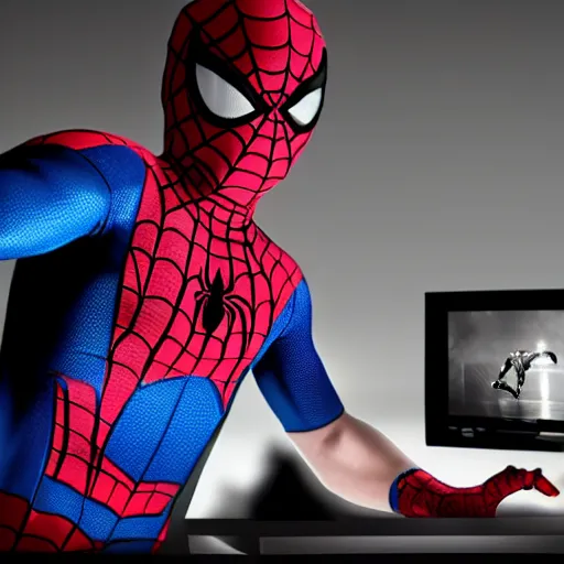 Image similar to a hyper - realistic photo taken with an iphone of a man dressed as spider - man playing video games on a pc, super highly detailed, photorealistic