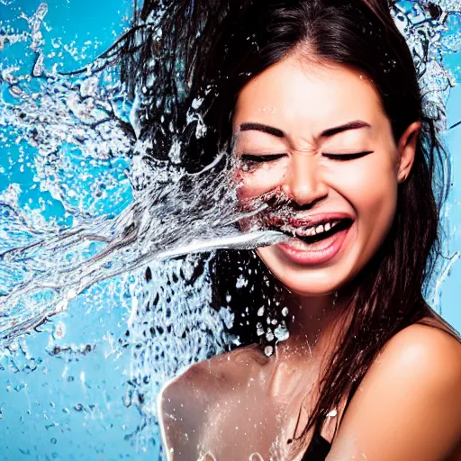 Image similar to happy excited model with an open mouth and closed eyes pouring water on her face