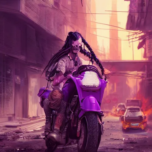 Image similar to portrait painting of a street samurai with long purple hair riding a motorcycle through a burning cyberpunk slum, glitchwave, ultra realistic, concept art, intricate details, eerie, highly detailed, photorealistic, octane render, 8 k, unreal engine. art by artgerm and greg rutkowski and nivanh chanthara