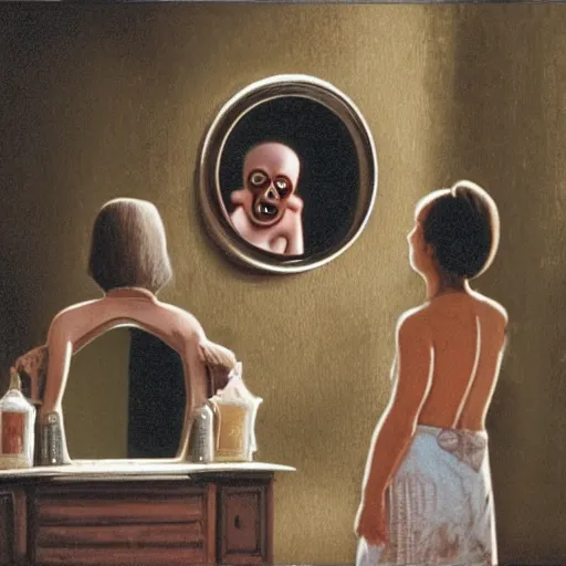 Image similar to Horror scene involving a mirror