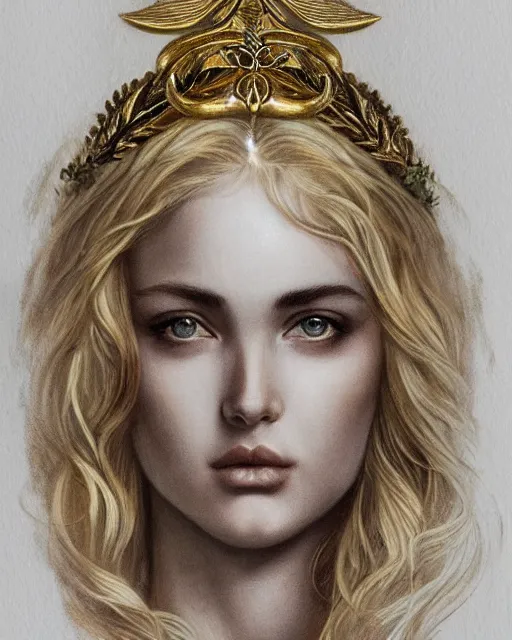 Prompt: front view of beautiful aphrodite greek goddess wearing a gold laurel wreath and triangle earrings, realism tattoo sketch, beautiful piercing eyes with sharp pupils, beautiful blonde hair, in the style of greg rutkowski, fantasy, amazing detail, epic, elegant, smooth, sharp focus