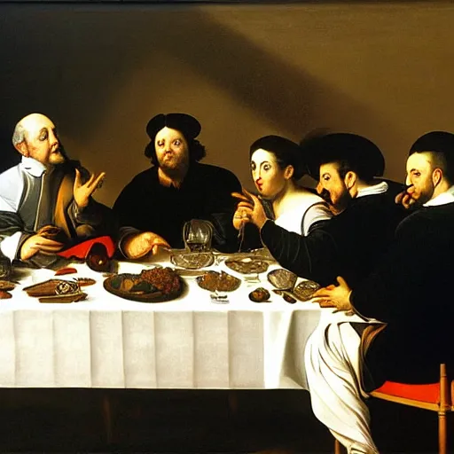 Prompt: painting of Leaders of the world having supper together, style of Caravaggio