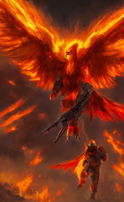 Image similar to moltres pokemon playing as master chief, oil on canvas, intricate, 8 k highly professionally detailed, hdr, cgsociety