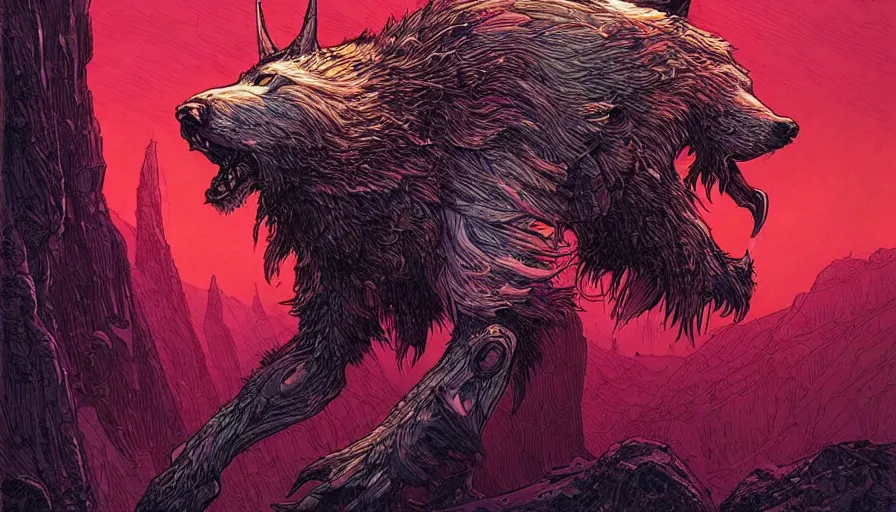 Prompt: humanoid bulky wolf warrior from elden ring by moebius and kilian eng, atmospheric, fine details, vivid, neon, masterpiece