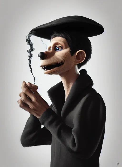 Prompt: an anthropomorphic beautiful male scientist portrait blowing smoke wearing black hoodie robe, fine art, award winning, intricate, elegant, sharp focus, octane render, hyperrealistic, wizard hat cinematic lighting, highly detailed, digital painting, 8 k concept art, art by jamie hewlett and z. w. gu, masterpiece, trending on artstation, 8 k