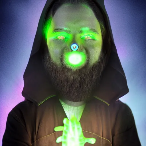 Image similar to a male wizard with glowing eyes, frontal view, cool looking, photoshop