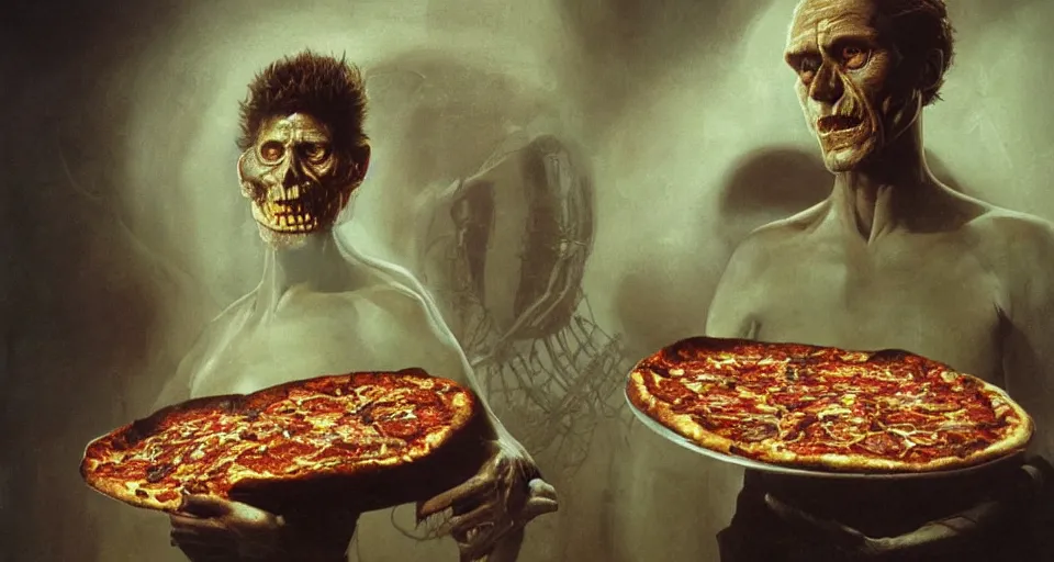 Image similar to willem dafoe eating pizza, by giger, stalenhag, beksinski, retro sci - fi movie, highly detailed, photorealistic, illustration, matte painting, 8 k, hd, trending on artstation