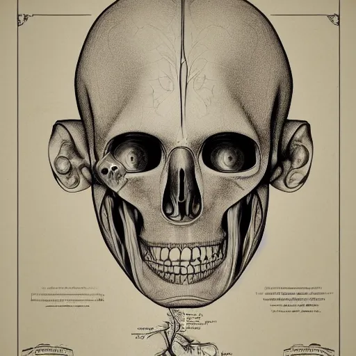 Prompt: medical anatomical study of an alien, drawing poster,