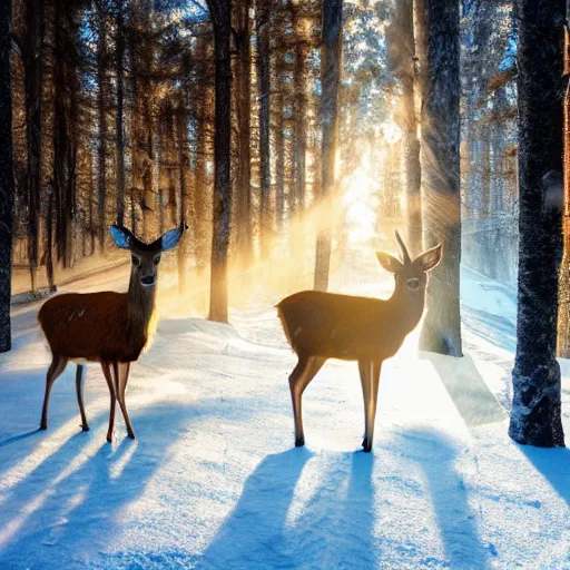 Image similar to deer on fire in a frozen forest, sparkles and sun rays, hyperrealistic, photo realistic, realistic, beautiful white lighting, in the middle of the day