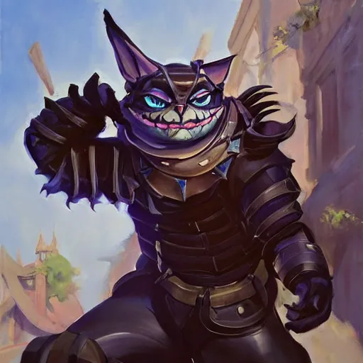 Image similar to greg manchess portrait painting of partially armored cheshire cat from alice in wonderland as overwatch character, medium shot, asymmetrical, profile picture, organic painting, sunny day, matte painting, bold shapes, hard edges, street art, trending on artstation, by huang guangjian, gil elvgren, ruan jia, randy vargas, greg rutkowski