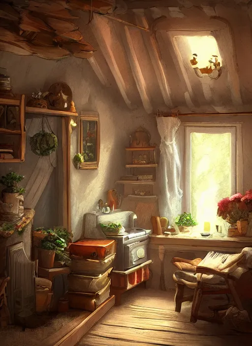 Image similar to beautiful interior of a cozy cottage, in the style of marco bucci, trending on artstation