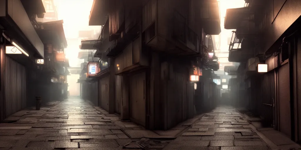 Image similar to a japanese alleyway in the style of blade runner 2049, volumetric lighting,