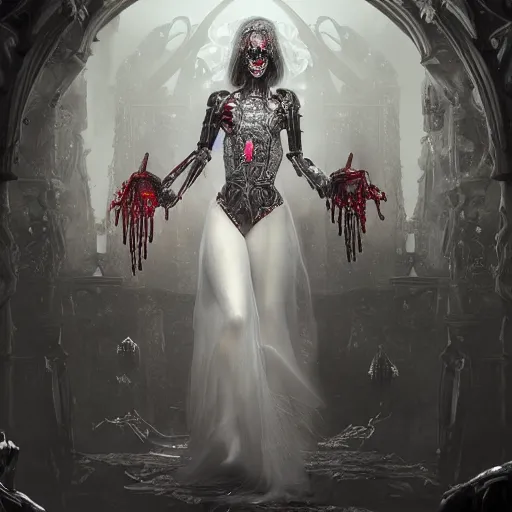 Image similar to female gothic robots with human organ and blood, dressed in white intricate lace, veils and jewels, epic environment, matte painting, diffused lighting, highly detailed, cinematic, epic atmosphere, digital art, trending on artstation, wide angle