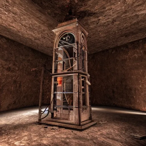 Image similar to an abandoned old rusty clocktower in a dark enormous cave, Low level light , digital art, unreal engine, trending on artstation, 4K UHD image