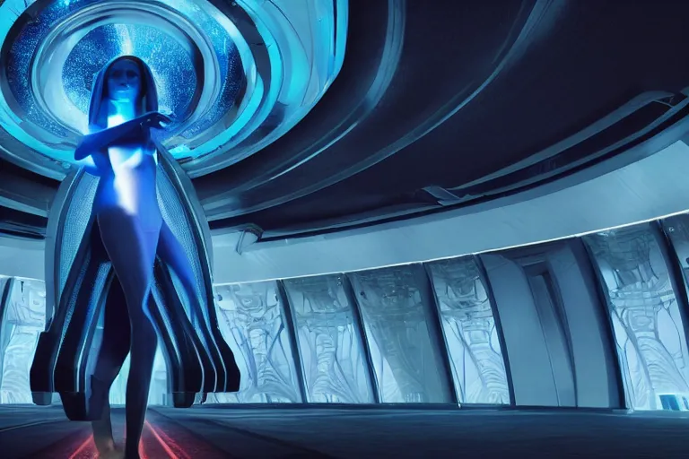 Prompt: vfx movie scene closeup portrait of beautiful blue skin fit alien woman dancing in in yoga pants in sleek futuristic decadent spaceship pillars, alien antenna, futuristic ballroom. big eyes, giant windows view of earth obit. by emmanuel lubezki