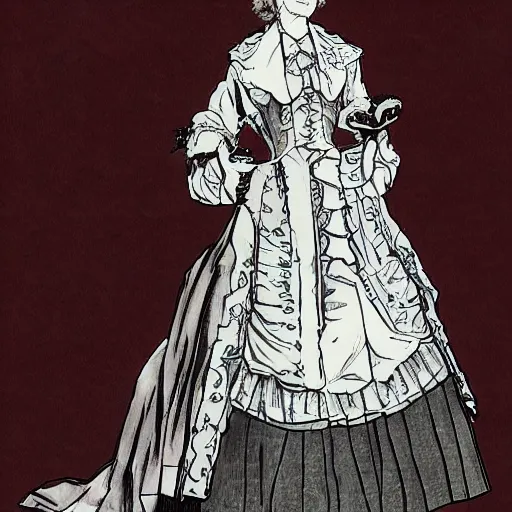 Prompt: Bill gates crossdressing in victorian gown, drawn in the style of yoji shinkawa, extremely detailed, fractal frame