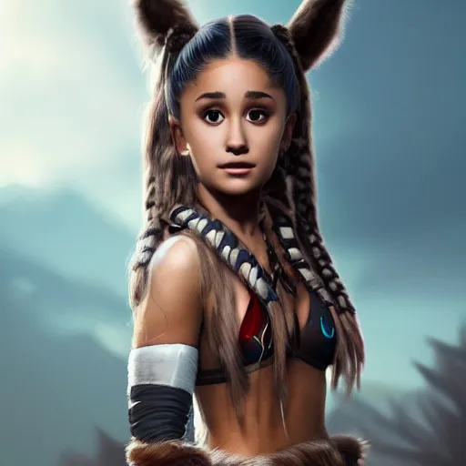 Prompt: ariana grande as a beautiful native american from 300 years ago with The Predator behind her, photography, moody lighting, artstation, realistic,