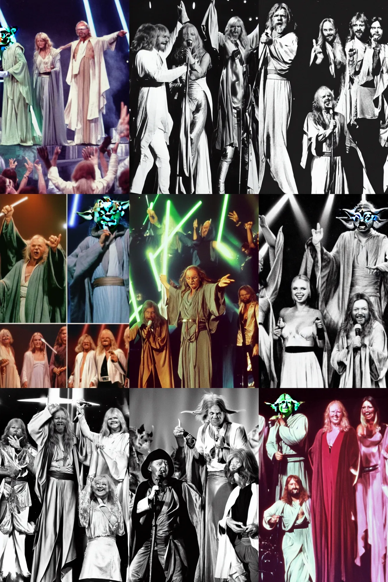 Prompt: photo of jedi master yoda winning eurovision song contest and celebrating with abba on stage in the 70s