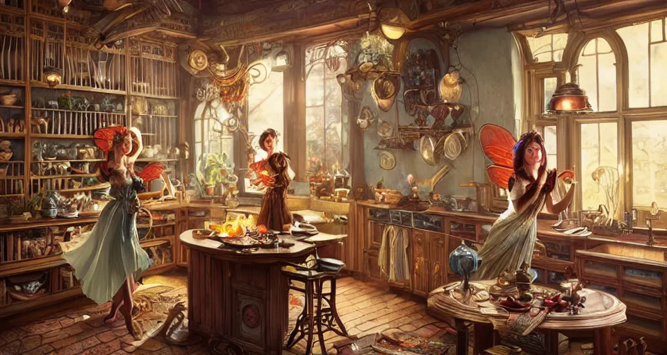 Image similar to a mid - shot of a fairy in a vintage magical kitchen, with one vintage book on a table, with a fireplace in the background d & d, fantasy, intricate, elegant, highly detailed, digital painting, artstation, concept art, smooth, sharp focus, illustration, art by artgerm and greg rutkowski and alphonse mucha