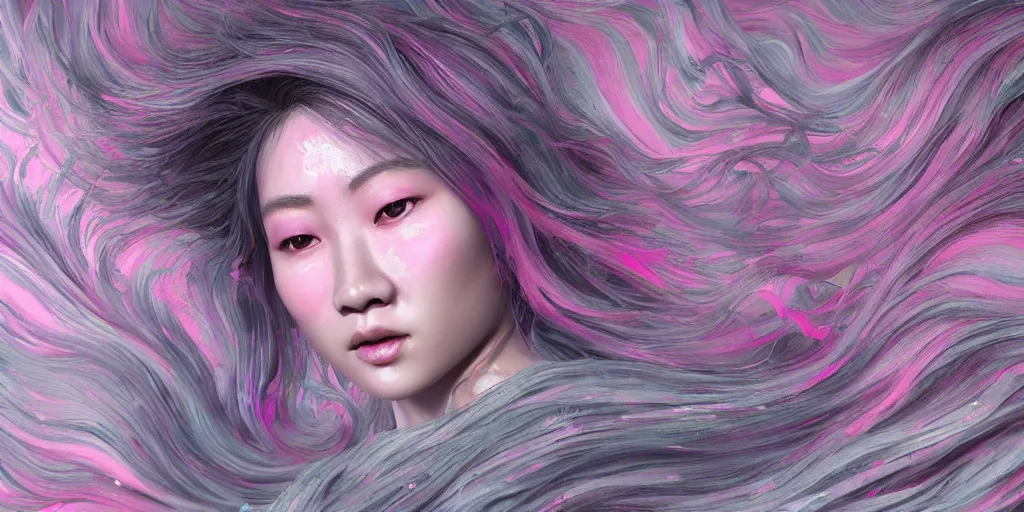 Image similar to a portrait of a very beautiful young asian goddess with pink and grey hair radiating an artwork made of swirling paint and impasto by wlop and ian mcque, background is multicoloured volumetric displacement, hyperrealism, subsurface scattering, arnold render, noise to volume, 8 k, houdini, xparticles