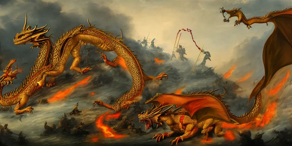 Image similar to dragon painting a historical battle, 8k