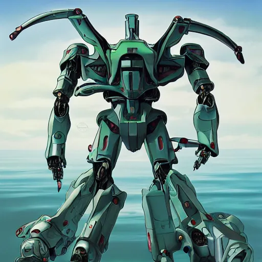 Image similar to amphibious power suit mecha. mobile combat suit artillery rococo robot, evangelion, super robot, detailed illustration, concept art, smooth, sharp focus, by tasuku karasuma, gaston bussiere, katsuya terada, beeple, bandai macross box art, canon eos