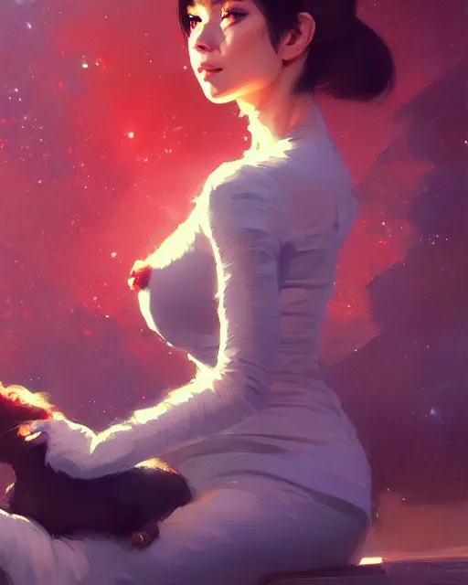 Image similar to a potrait of a space fanstasy cat, fine details. night setting. realistic shaded lighting poster by ilya kuvshinov katsuhiro, artgerm, jeremy lipkin and michael garmash, unreal engine, radiant light, detailed and intricate environment, digital art, trending on art station