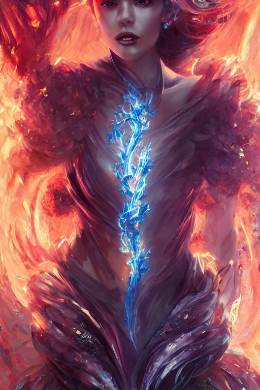 Image similar to torso closeup model wearing exploding fire crystal dress, sorcerer, diamonds, angel, fantasy, dramatic lighting, highly detailed, digital painting, holding electricity, magic the gathering, hyper detailed, 3 d render, hyper realistic detailed portrait, peter mohrbacher, wlop, ruan jia