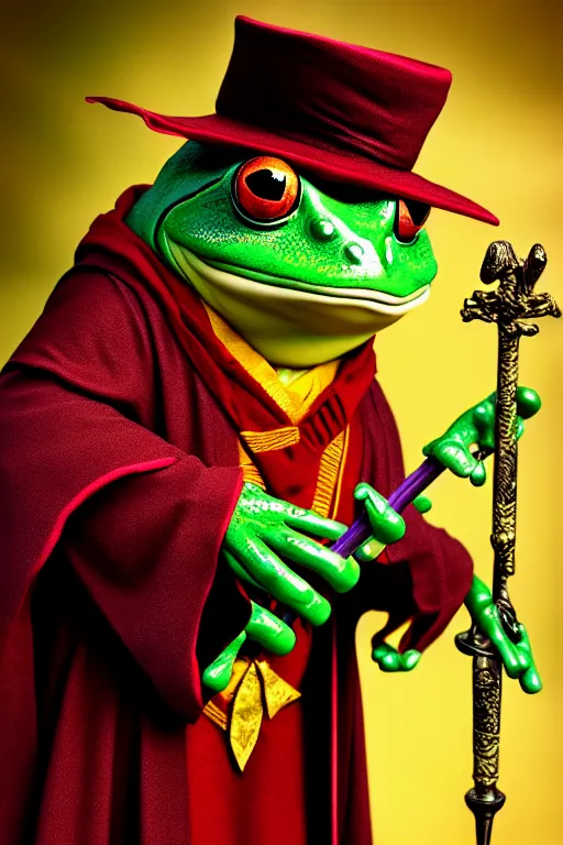 Image similar to frog mage in a gryffindor form with a magic wand, in hogwarts, high details, volume light, best composition, 4 k