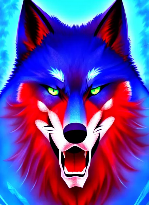 Image similar to blue wolf, red eyes highly detailed, deep focus, digital painting, smooth, sharp focus, anime art style, trending on artstation, 4 k