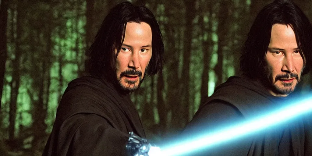 Image similar to keanu reeves as a jedi master with a blue lightsaber fighting a sith lord in an ancient bioluminescent forest, perfect symmetrical face, full moon, moody lighting, 8 k, shallow depth of field, intricate detail,