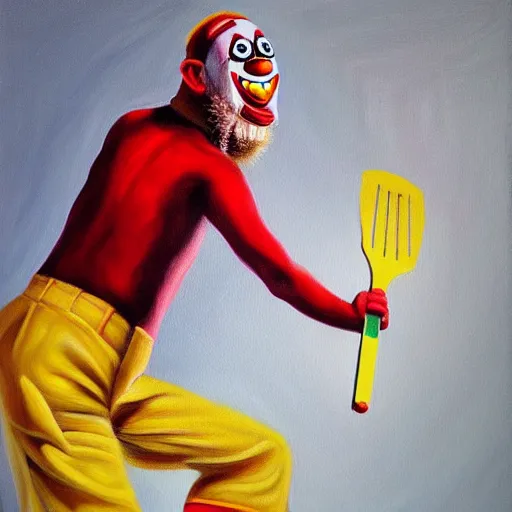 Image similar to hyperrealism painting from the housefly perspective getting swatted at from an angry clown man with a fly swatter in the kitchen