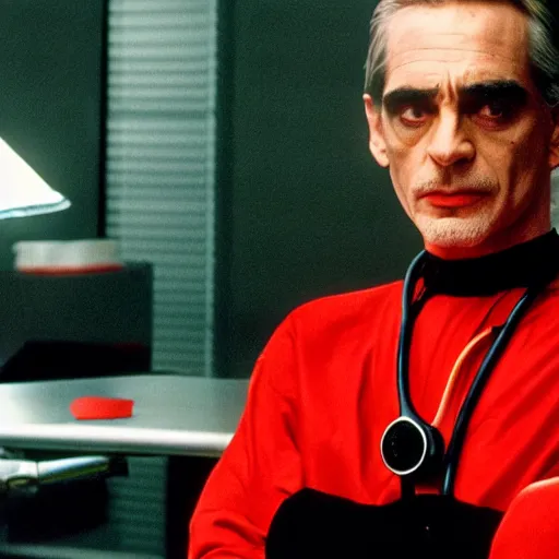 Image similar to a scene from the movie dead ringers with clean shaven jeremy irons, dark cinematic lighting, heavy black and red palette and color contrast, medical equipment, movie directed by wes craven