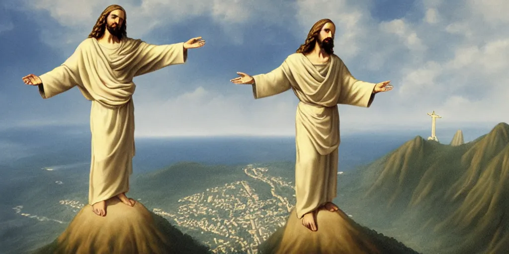 Image similar to a portrait of a humanized version of christ the redeemer