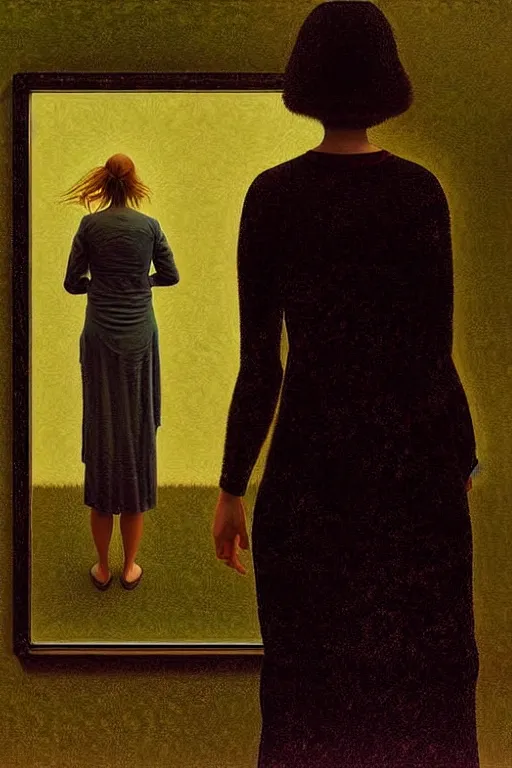 Image similar to woman and woman, in the void, by the mirror, station, james gillard, zdislav bexinski, high detail alex colville, otto mueller, stephen conroy, andrea kowch, andrew newell wyeth, daniel meidman jussi picho octane rendering