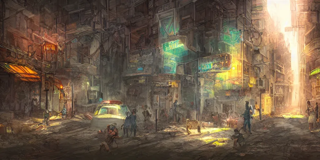 Prompt: underground dusty city street, street view pov, matte painting, art, digital drawing, brush strokes, bright vivid lighting