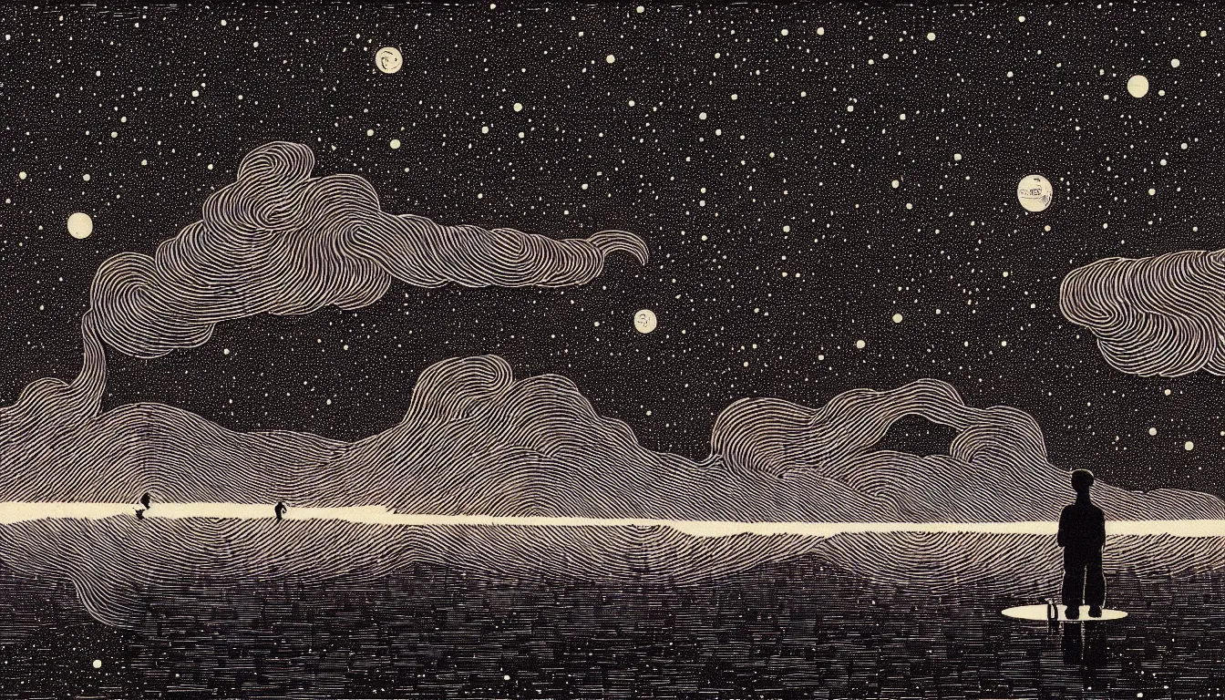 Image similar to standing in a lake looking at reflection of the night sky by woodblock print, nicolas delort, moebius, victo ngai, josan gonzalez, kilian eng