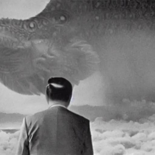 Image similar to a filmstill of Kim Jong-il, monster destroying Pyongyang, in Godzilla (1954) by Ishirō Honda, epic ultrawide shot, cinémascope