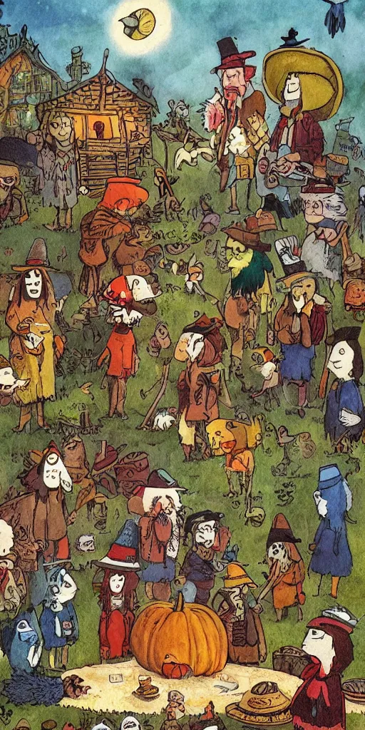 Prompt: a thanksgiving day scene with pilgrims and native americans by alexander jansson, joel fletcher, owen klatte, angie glocka, justin kohn, maurice sendak. thanksgiving day color palette.